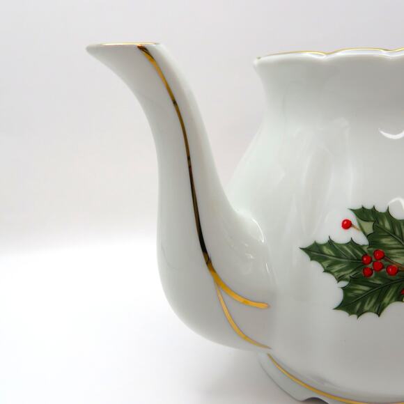 Lefton Christmas Teapot 1987 Poinsettia Holly Gold Trim Holiday Serveware Japan - Picture 7 of 16
